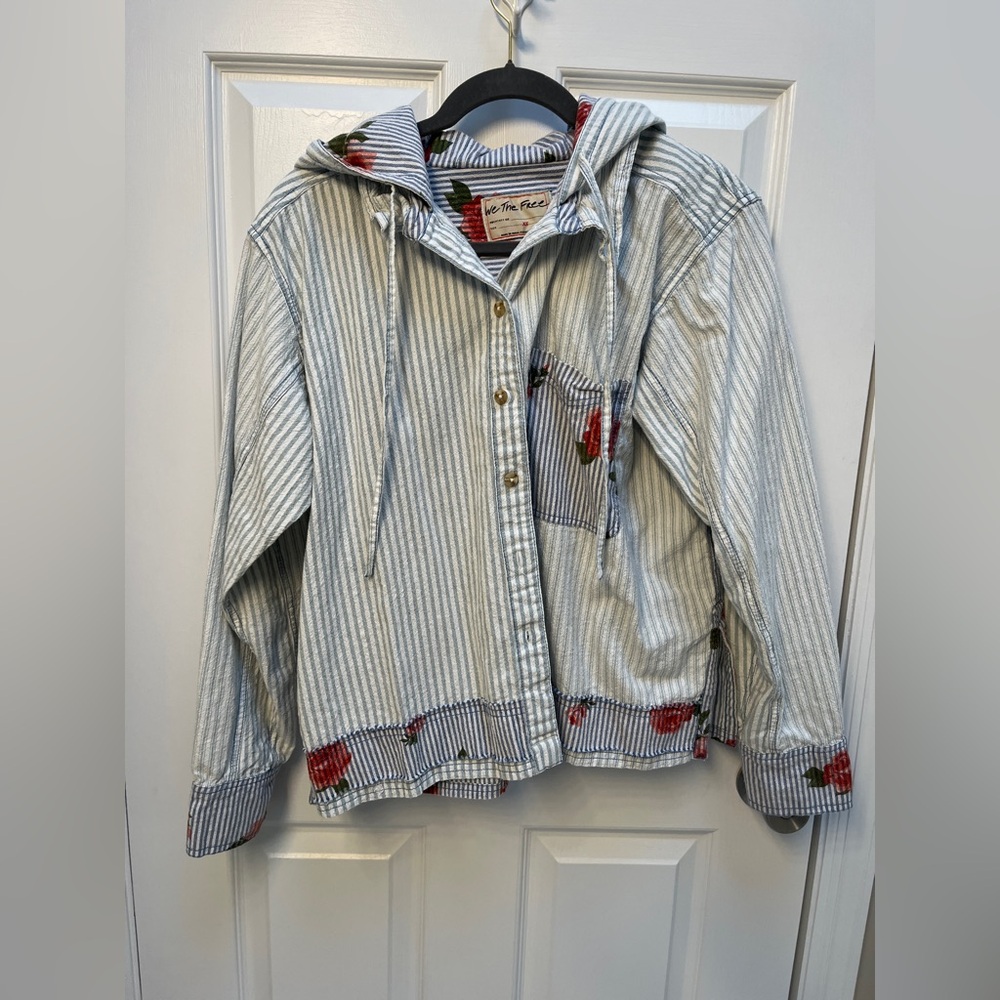 Blue Striped shirt Jacket with Floral Details